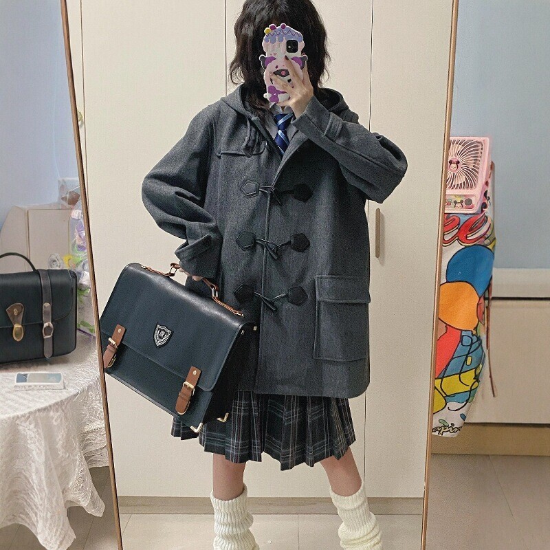 jk制服牛角扣大衣女冬季日系学院风连帽毛呢外套女小个子中长款