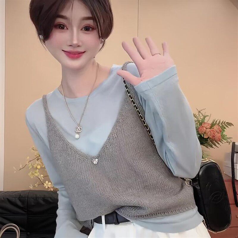 2025春装新款韩系减龄针织吊带背心+长袖打底衫叠穿两件套上衣女