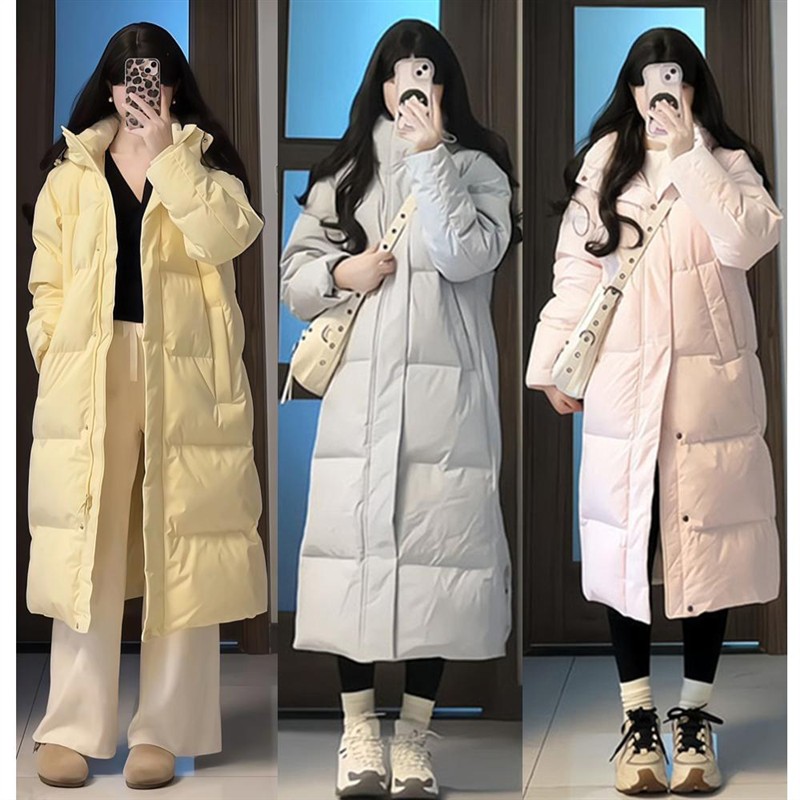 长款过膝中戏羽绒服女2024冬季新款白鸭绒加厚宽松学院风情侣外套
