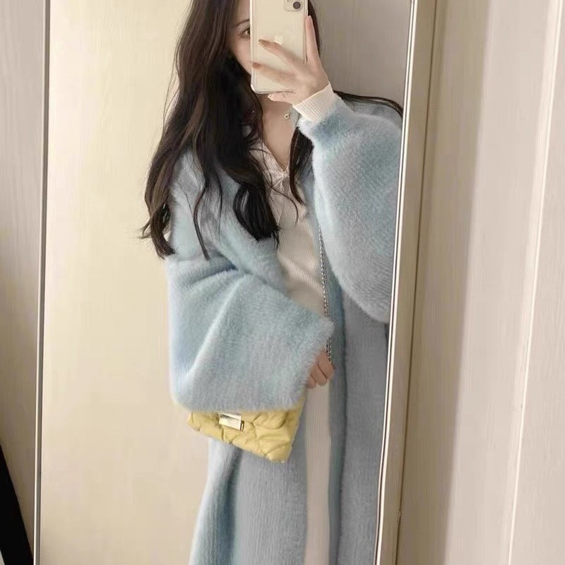 软fufu的水貂绒毛衣女针织开衫中长款宽松慵懒风软糯温柔秋冬外套