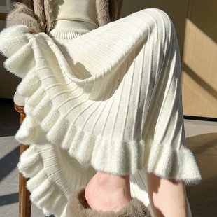 浅白色长款针织鱼尾半身裙女春秋冬高腰a字包臀步步生莲空挡长裙