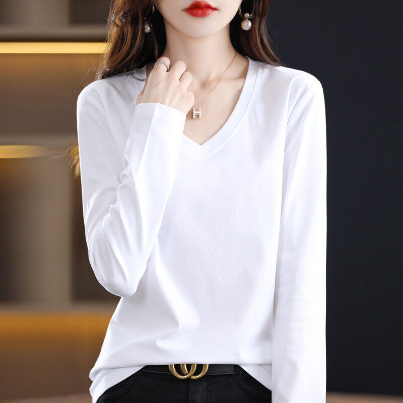 V领丝光棉长袖t恤女100%纯棉25秋冬新款薄修身圆领外穿打底衫纯色