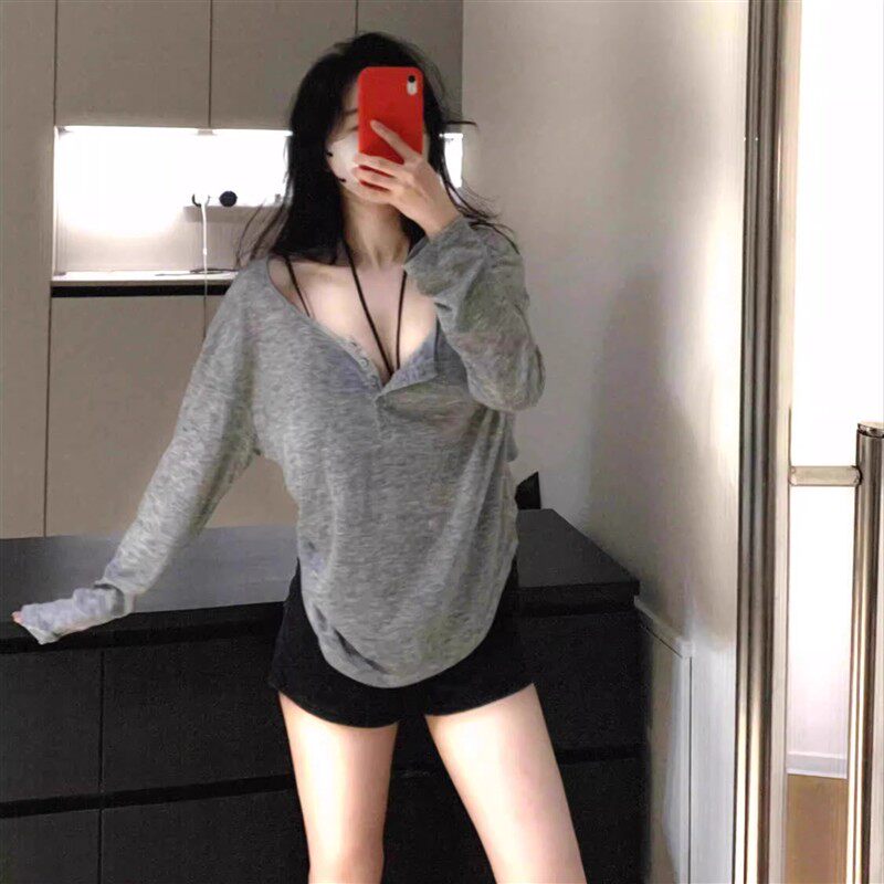 2025灰色长袖t恤女夏薄款宽松慵懒风防晒罩衫松弛感夏日轻薄上衣