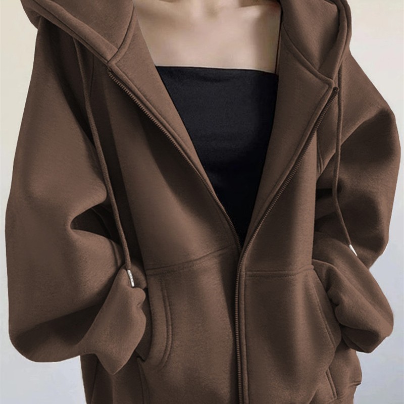棕色开衫卫衣外套女士2025夏季新款加绒加厚棒球服慵懒风连帽上衣