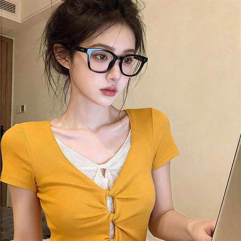 设计感芒果黄假两件蕾丝正肩短袖t恤女夏季修身显瘦美式辣妹上衣