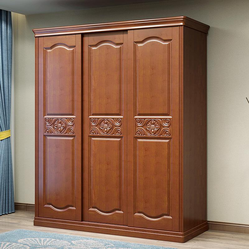 实小木中式推拉门衣三门移门015带镜子中户型经柜型济木质卧室大