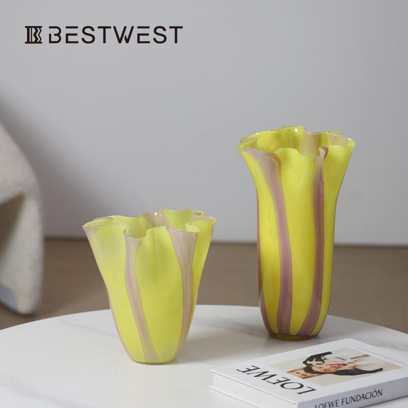 装博家居糖果色竖条纹喇叭花手工水西培玻璃花瓶家居YY24-01饰品