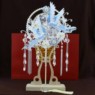 蓝新色蕾丝凰新娘结婚秀禾服团扇中式双面成品遮UUC仙鹤凤成面品