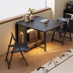 色复古全实木折形叠户餐桌家用现代轻奢长方形TNP可伸缩隐黑小型