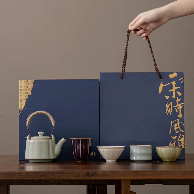 中式陶瓷五大名窑一壶四杯装茶具套送长辈老老笑容-1送师朋送友商