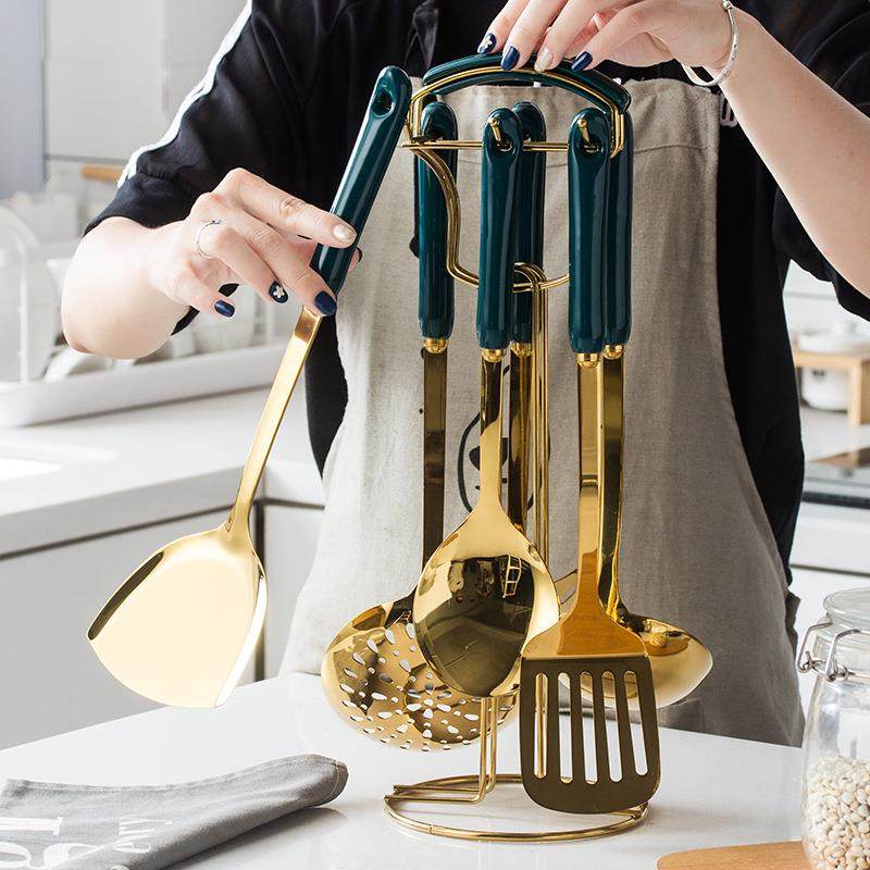 墨绿陶不厨锈钢厨具套瓷装厨房用具烹饪铲勺七件套墨绿色厨具礼品