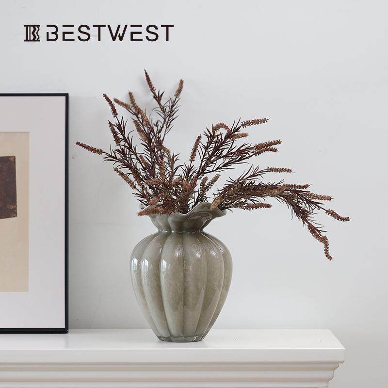 西家居中古芬顿皱璃玻SS24-205花瓶灰色博褶花边法式复古插花桌面