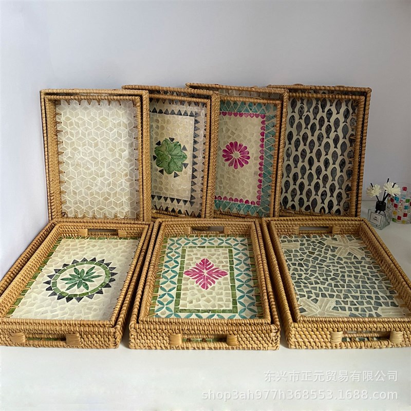 藤编贝壳托盘水果盘长q方形托盘家用餐厅客厅轻奢高级收纳筐置物