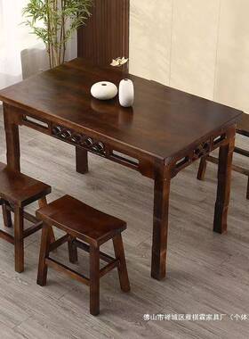 碳化中吃式实木饭店餐桌餐HFB组椅桌椅桌面馆早餐小店烧烤长方形