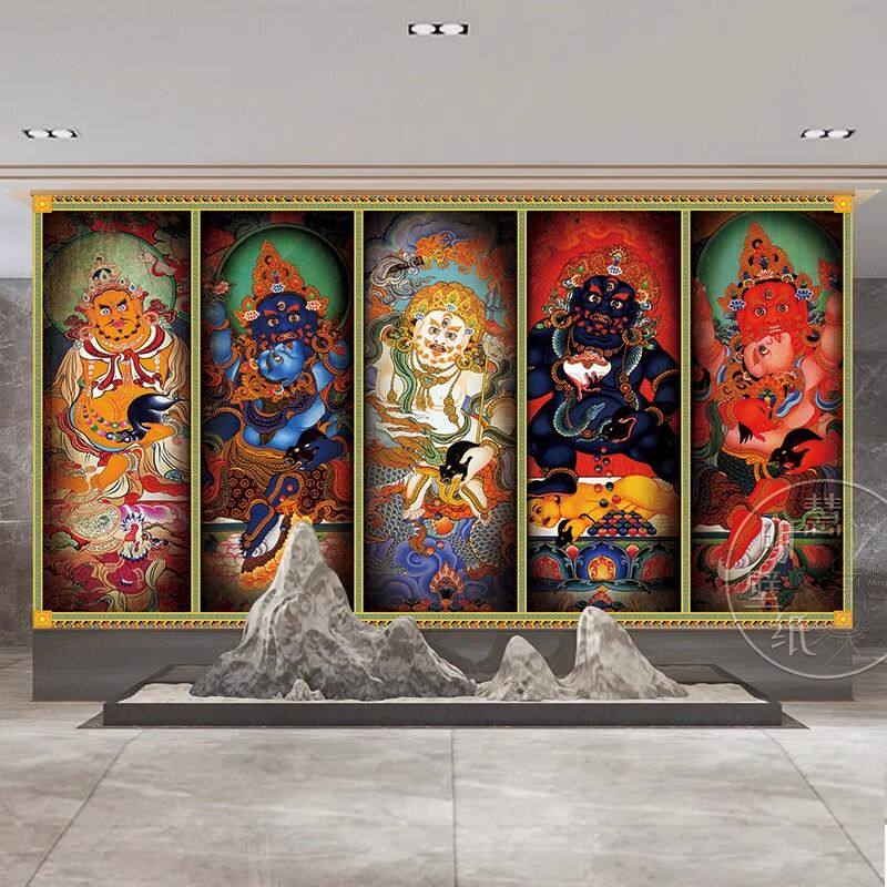藏唐卡五财神背景壁画墙布玄关堂口寺庙佛堂酒店客厅书房壁纸定制