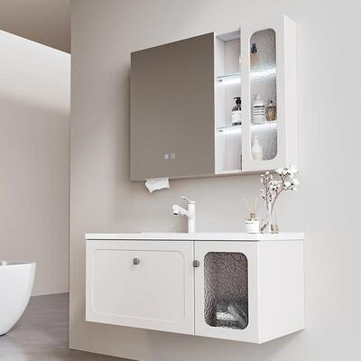 陶瓷一合体盆浴柜镜室组实木卫台浴柜家用挂墙浴78023室柜多层免