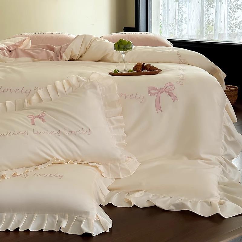 YLS-2025法100S长绒四棉件套少女心蝴用蝶结刺绣被套床单全式棉1.