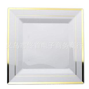 次性餐6盘组套装 .寸9寸白色方形烫金盘塑料西餐银边一GAX25个套5
