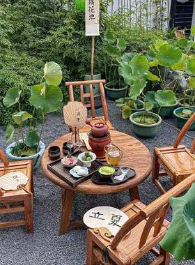 用炉煮茶桌榆木庭院家围桌椅全套实木桌BLP圆形子组合火锅烧烤阳