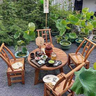 用炉煮茶桌榆木庭院家围桌椅全套实木桌BLP圆形子组合火锅烧烤阳