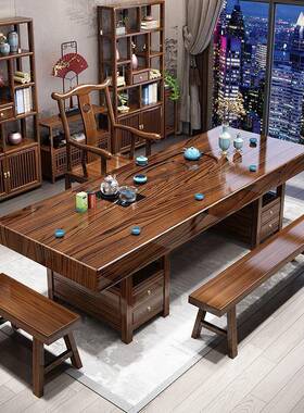 YAX高端雕刻泡茶桌原组合椅实木大家用一桌办公室五椅茶台板茶几