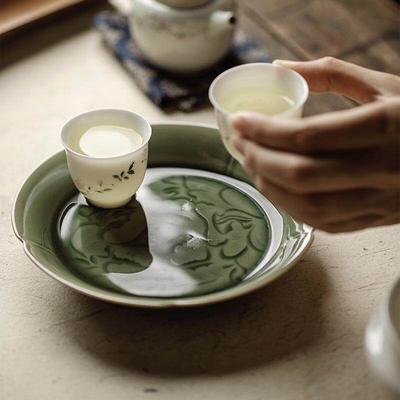 子青浮雕牡丹花口壶承梅高盘点心盘盘功hc足夫茶具干泡盘龙泉青瓷