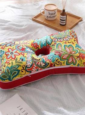 BF7596J6H粗T4一孔枕全荞麦壳枕芯老人带洞护耳枕老布颈V椎护颈头