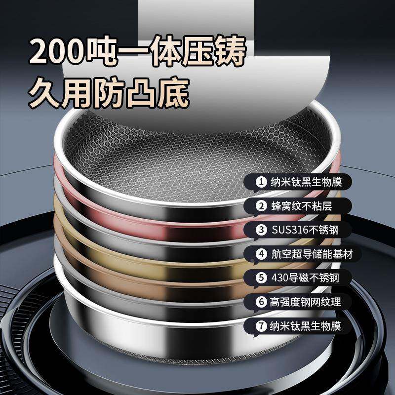 平底777锅炒锅煎锅3通16双牛面屏不锈钢不粘煎锅家用蛋烙饼排用锅