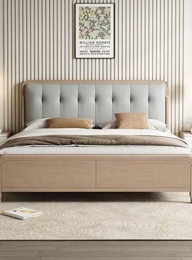 奶油储风实GD--P101木床1.8米橡胶木软包双人大床北欧5米带.软靠