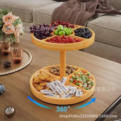 现可货木质心架双层旋转圆形分格式水糖果收ard1124纳托盘果竹制