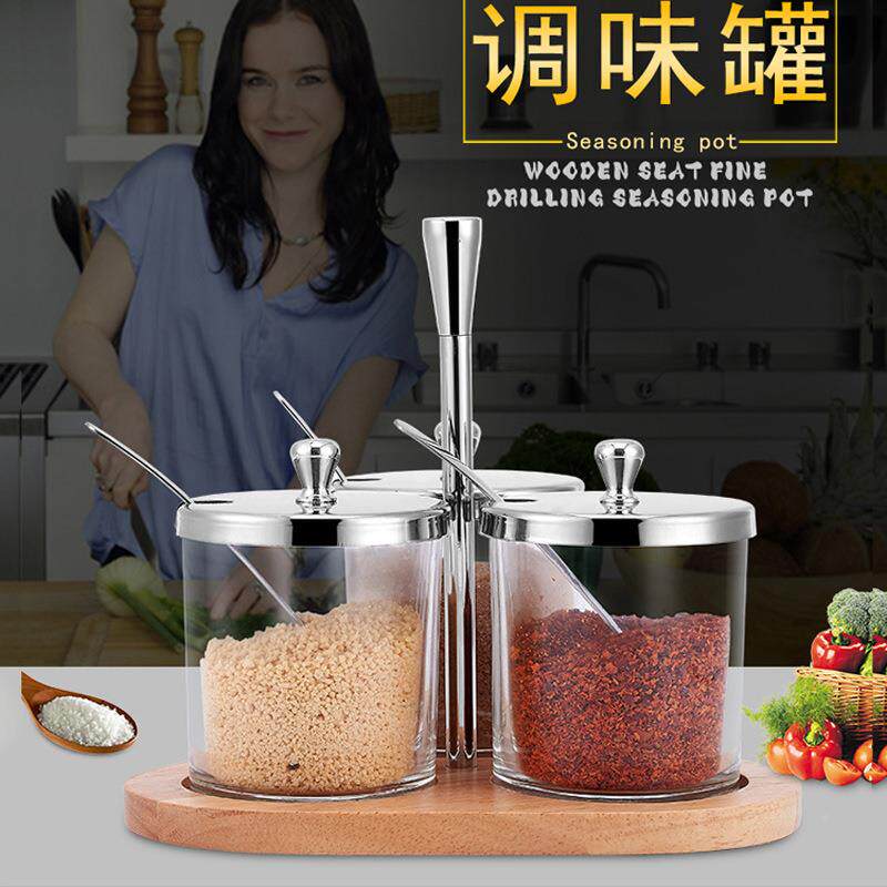 高档不锈钢璃调味罐调料瓶木座玻璃调料瓶盐罐糖856545玻盅粉筒