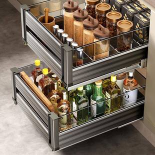 尔沫枪灰118调味柜拉篮厨橱柜铝合金双层抽屉式调厨收纳料碗篮房