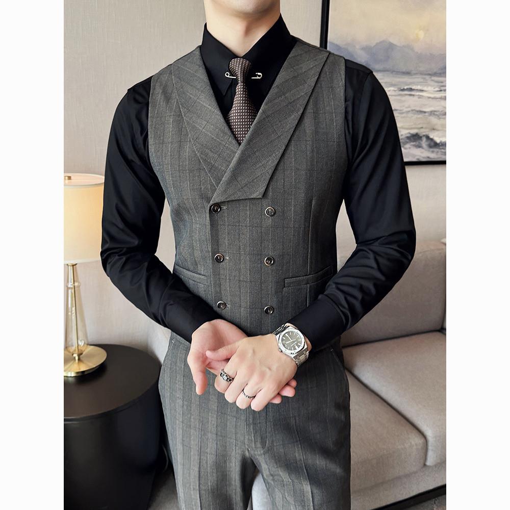 双排扣格纹马甲男套装202
