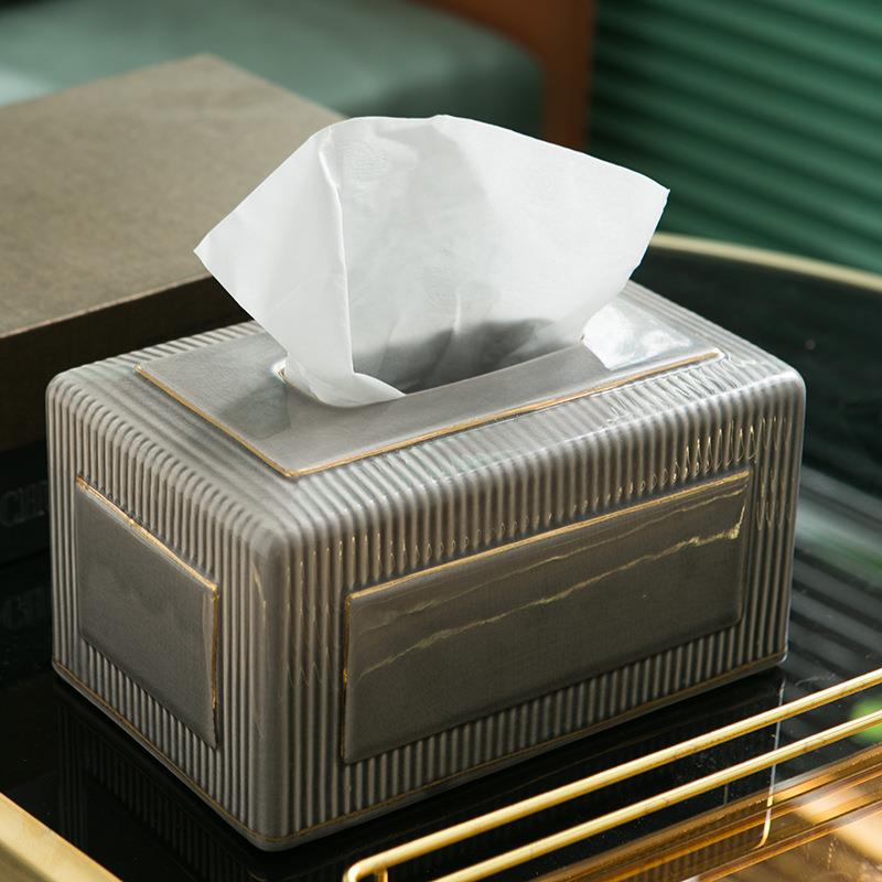 间北欧意格栅竖纹浮雕纸巾盒M098客创厅卫浴裂纹陶瓷抽纸盒装饰摆