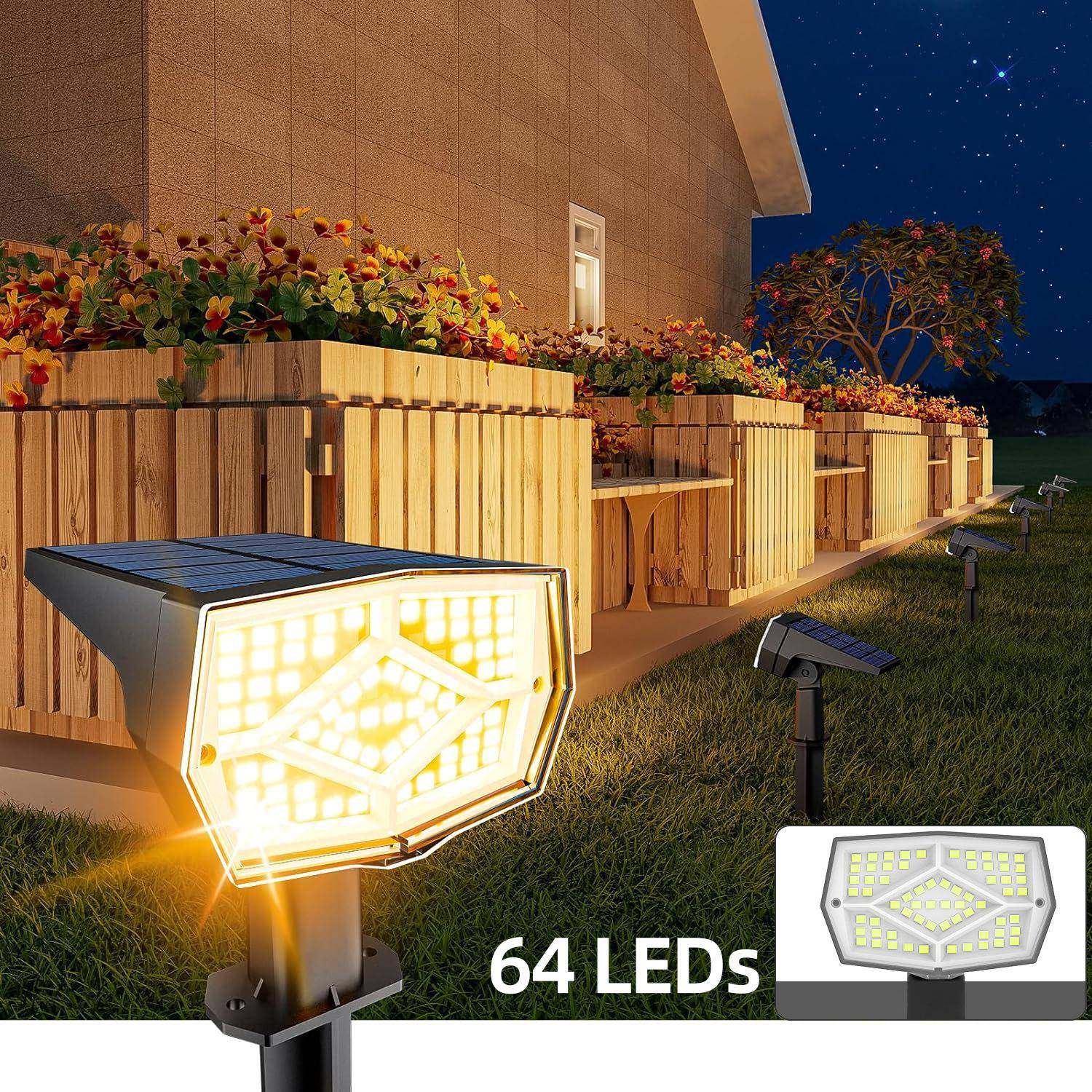 户外太阳能聚光灯64LED景观灯3种照明模式防水庭院花园户外草坪灯