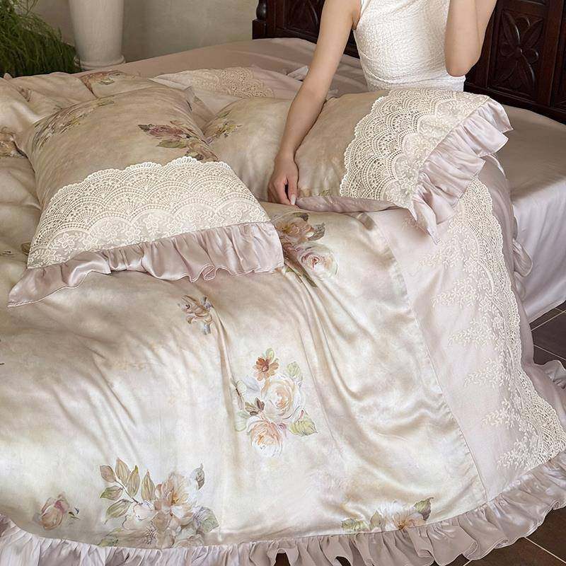 法式公主风凉感莱赛尔天丝四件套花卉印花夏季裸睡蕾丝边被套床品