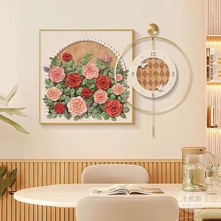 法式中古风餐厅装饰画带时钟表感饭厅挂画奶油风餐桌壁画挂钟