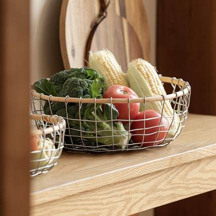 尚家居铁物丝藤编食编F968H55J织收纳筐铁艺零面包尚水果储篮客厅