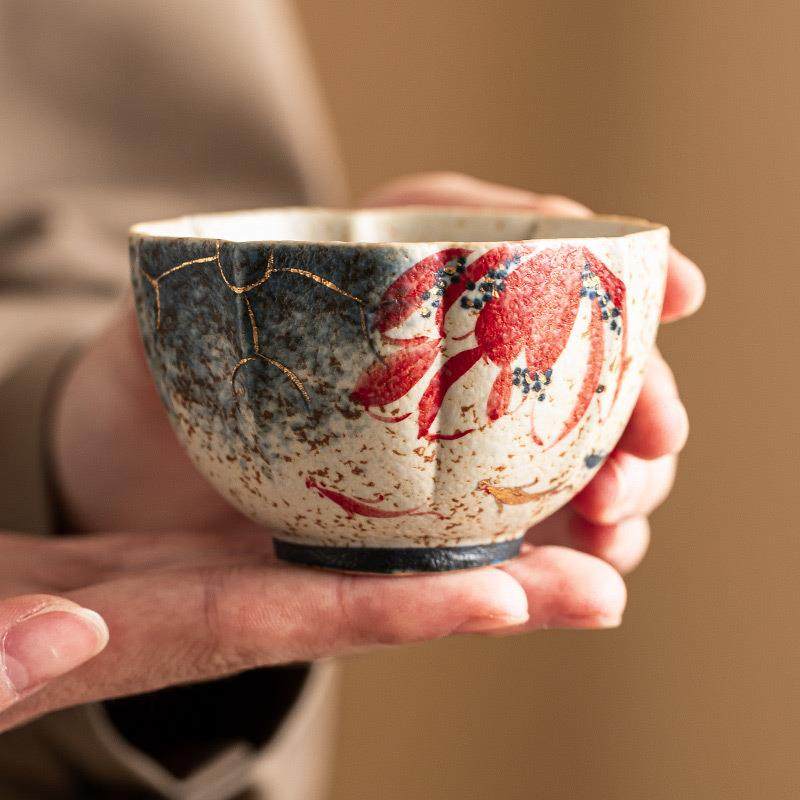 工厂青花石红瓷24JS11-2主人杯描金绘陶荷韵锦手鲤花瓣火杯茶杯喝