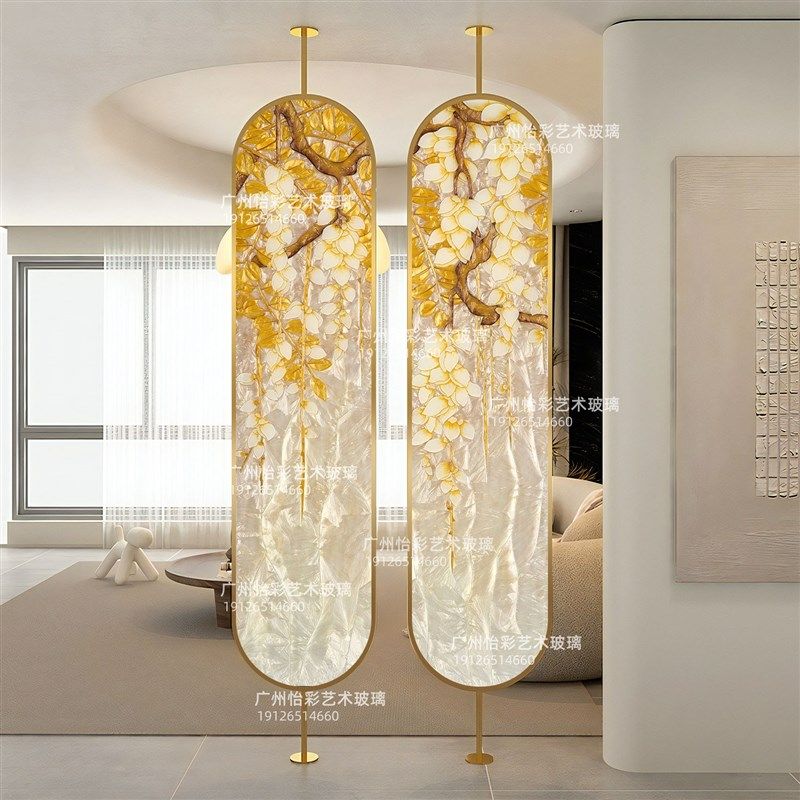 棒棒糖手绘掐丝珐琅彩屏风u隔断客厅轻奢入户玄关顶天立地艺术玻