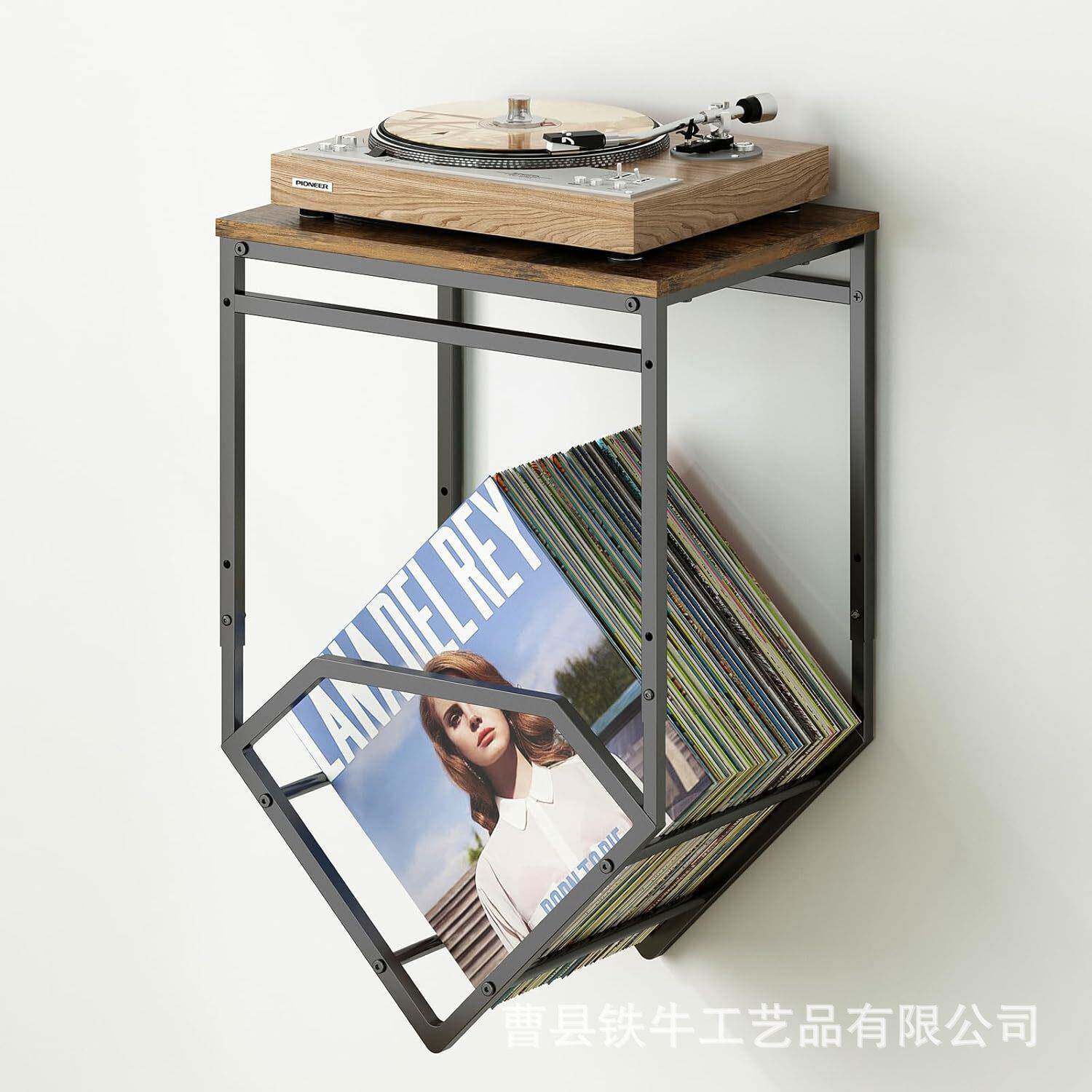 现货铁木唱片机支架带壁挂式乙烯基唱片置物架录音机支架CD收纳架