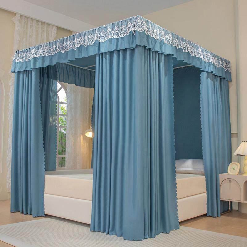 家用加厚遮光床帘公主卧室三开门床幔防尘一体式保暖落地蚊帐支架