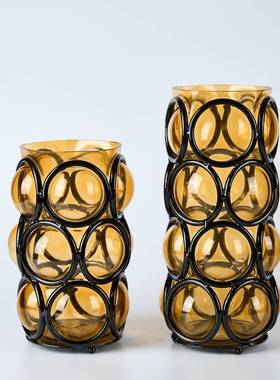 现A6金属代简约玻璃绕器木质缠高脚果盘件创意摆桌面餐桌花装饰品