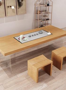 亚简克力茶悬ONG空白蜡木台餐桌原木工茶作台现代约实木大板桌椅