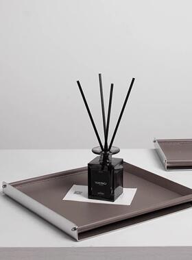 现代简约棕色灰色金属售质方形托盘皮样处板ZDW间楼客厅餐厅收纳