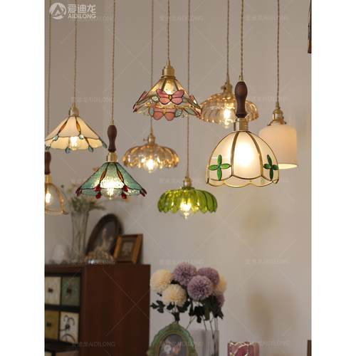 复古法式218黄铜纯手锡灯美色式风格床餐厅过道彩玻焊璃小头吊灯