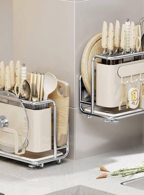 刀架功砧板一体架不锈板钢厨房置物架能24.3.13磁吸筷子砧架多刀