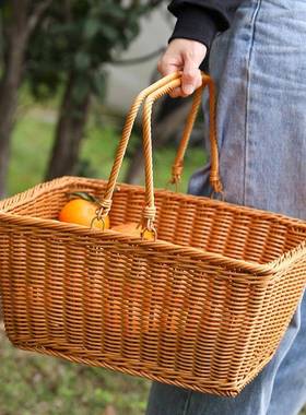野餐篮仿藤编织带盖花篮果篮纳筐市场购物手收篮春提EWC游收纳子