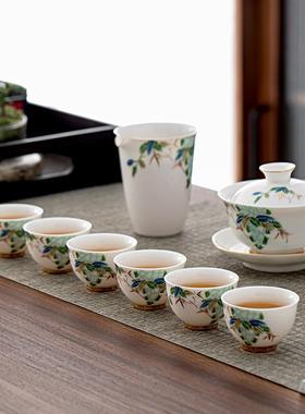羊脂玉瓷功茶具夫套装白瓷碗瓷茶礼AL640635描金茶杯礼品茶具加盖
