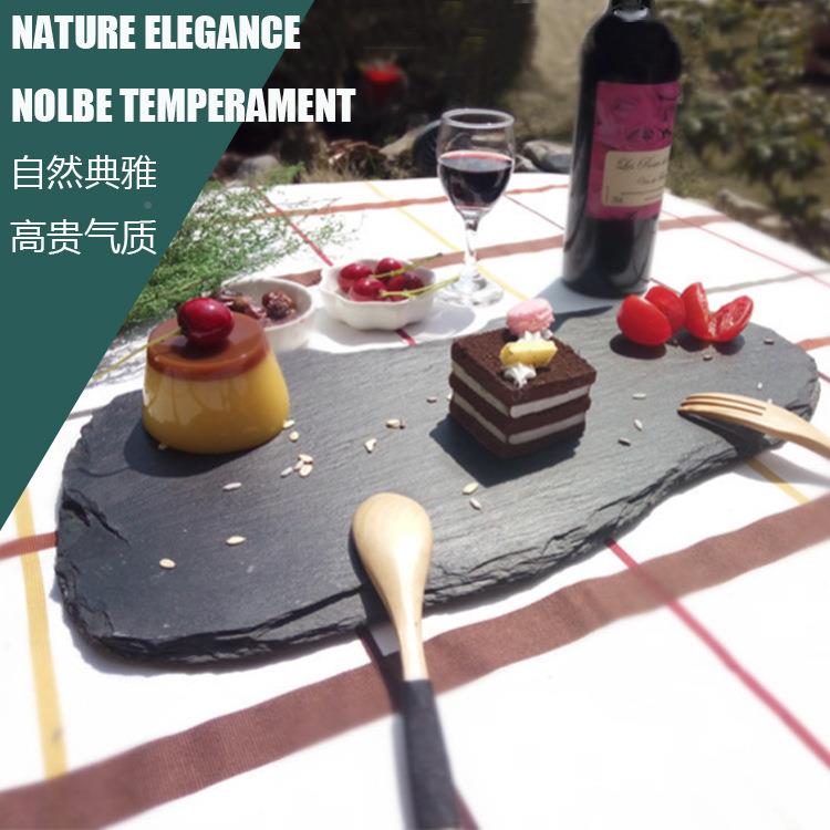 西餐厂盘牛排盘餐厅黑色不规则板岩复盘盘古异形石水果餐点UGP茶